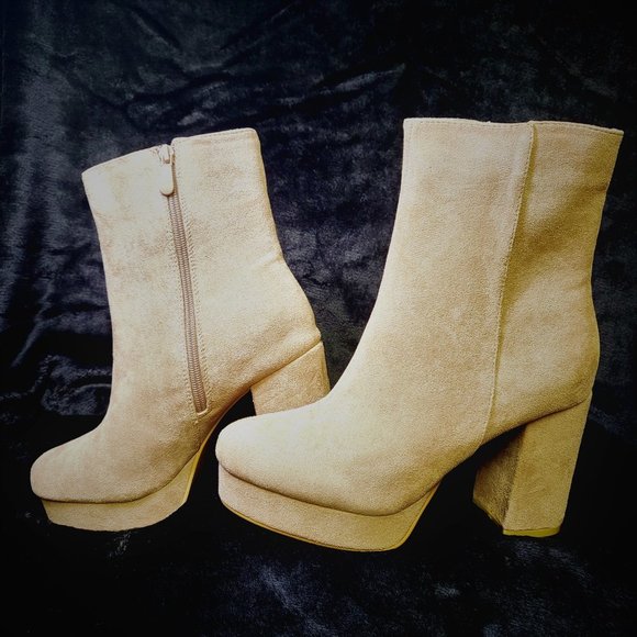 Mata Shoes Shoes - ☆ Mata Taupe (Nude) Faux Suede Ankle Boots With 3.5" Chunky Heel